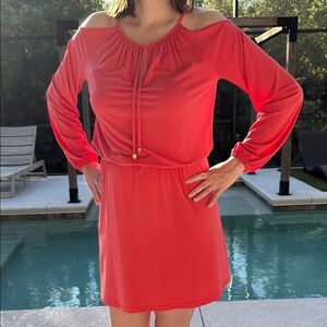 Michael Kors Vibrant Pink Cold Shoulder Long Sleeve Mini Dress Womens Medium